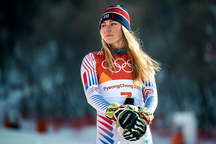 (Chris Detrick  |  The Salt Lake Tribune)  USA's Mikaela Shiffrin celebrates after winning gold in the Ladies' Giant Slalom at Yongpyong Alpine Centre during the Pyeongchang 2018 Winter Olympics Thursday, Feb. 15, 2018.  Shiffrin won the event with a time of 2:20.02.