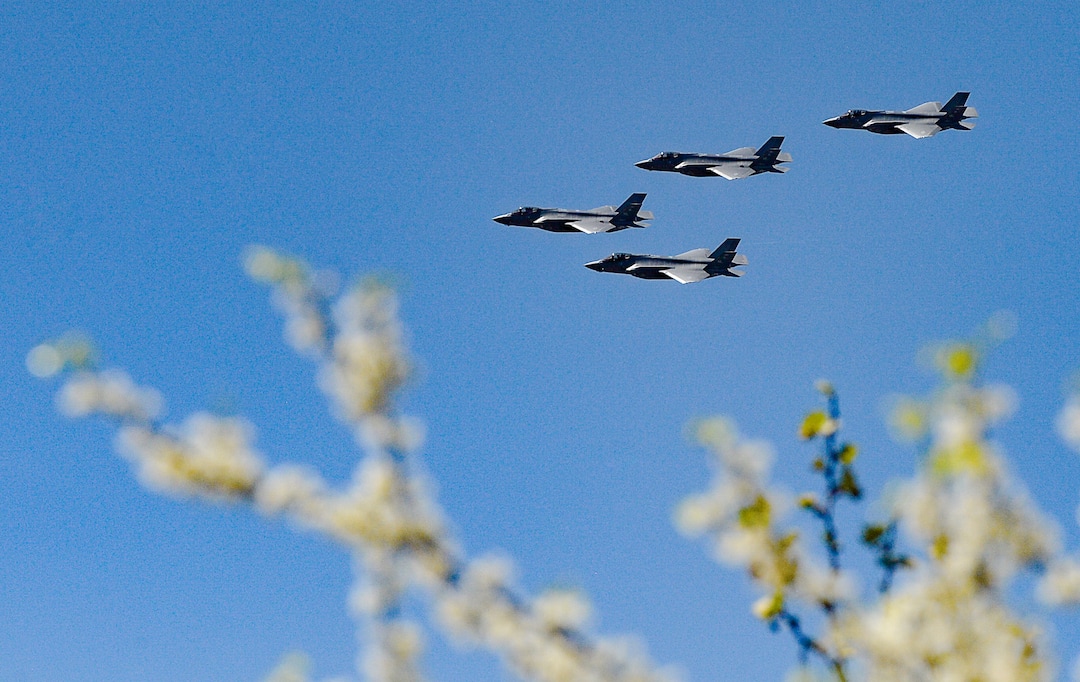 (Francisco Kjolseth  |  The Salt Lake Tribune) The Air Force F-35A Lightning II Demonstration and 388th Fighter Wing, based at Hill Air Force Base, performs a formation flyover as seen over Intermountain Health Center in Murray on Thursday, April 30, 2020. The demonstration over Utah was a “salute to everyone on the front lines in the fight against COVID-19, as well as those staying at home to flatten the curve of the virus,” according to a news release.