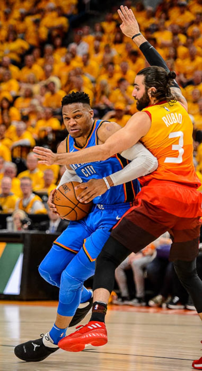(Trent Nelson | The Salt Lake Tribune)  
Utah Jazz host the Oklahoma City Thunder, Game 3, NBA playoff basketball in Salt Lake City, Saturday April 21, 2018. Utah Jazz guard Ricky Rubio (3) defends Oklahoma City Thunder guard Russell Westbrook (0).