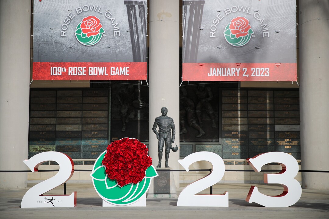 (Meg Oliphant | Special to The Tribune) Rose Bowl signage on display ahead of the game between the Penn State Nittany Lions and the Utah Utes at Rose Bowl Stadium on Jan. 2, 2023 in Pasadena, Calif.