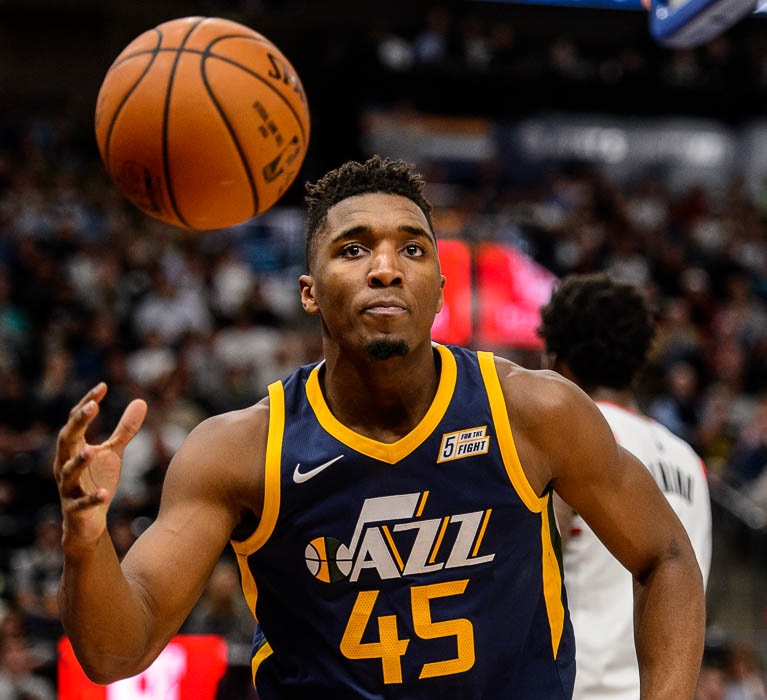(Trent Nelson | The Salt Lake Tribune)  Utah Jazz guard Donovan Mitchell (45) as the Utah Jazz host the Portland Trail Blazers, NBA basketball in Salt Lake City, Wednesday November 1, 2017.