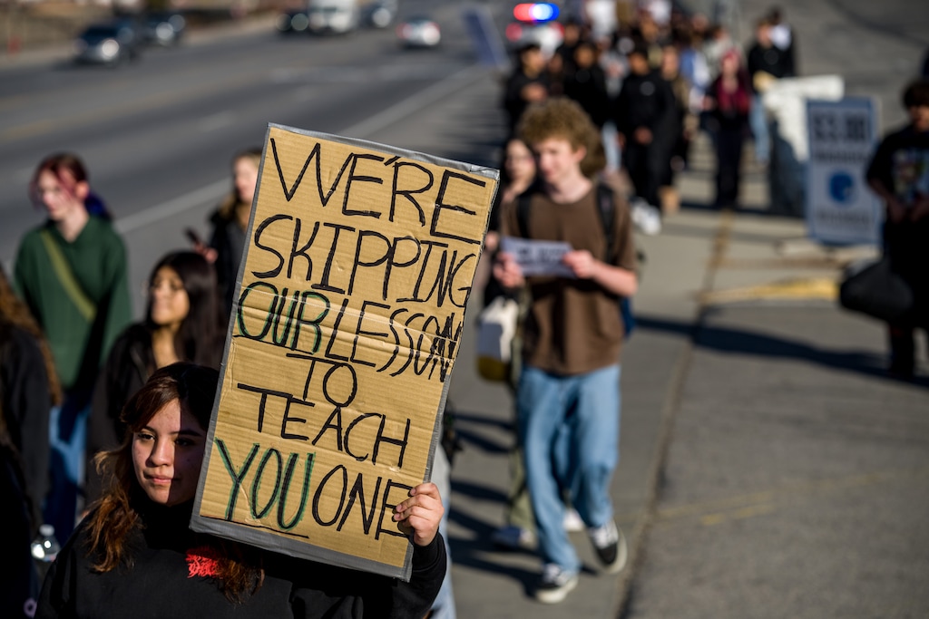 (Trent Nelson  |  The Salt Lake Tribune) Students walk out of Hillcrest High School in Midvale on Friday, Jan. 30, 2026.
