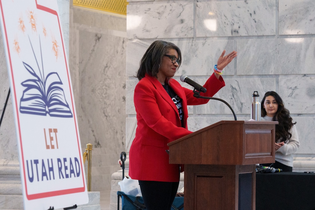 (Trent Nelson  |  The Salt Lake Tribune) Erika George speaks at a "read-in" organized by Let Utah Read at the Utah Capitol in Salt Lake City on Thursday, Feb. 22, 2024.