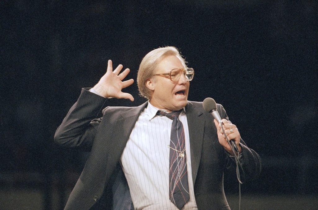 (Mark Avery | AP) The Rev. Jimmy Swaggart gestures as he preaches to the nearly 14,000 faithful who attended his Los Angeles Crusade in the Sports Arena in 1987.