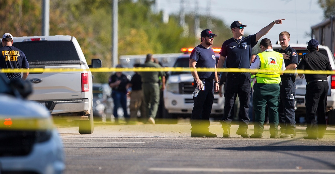 (Nick Wagner | Austin American-Statesman via AP) Law enforcement officials work the scene of a fatal shooting at the First Baptist Church in Sutherland Springs, Texas, on Sunday, Nov. 5, 2017.