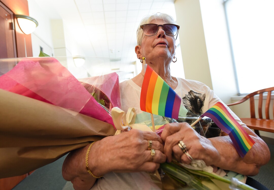 (Francisco Kjolseth  |  The Salt Lake Tribune)  Bonnie Foerster, 74, of South Salt Lake finally gets her wish of marrying her common-law partner of 50 years, Beverly Grossaint, even though she died on May 27. Foerster, who is legally blind and a double amputee shed tears of joy on Tuesday, Aug. 21, 2018, exclaiming "I can finally start healing," after a judge provided the legal recognition and allowed her to be legally married.