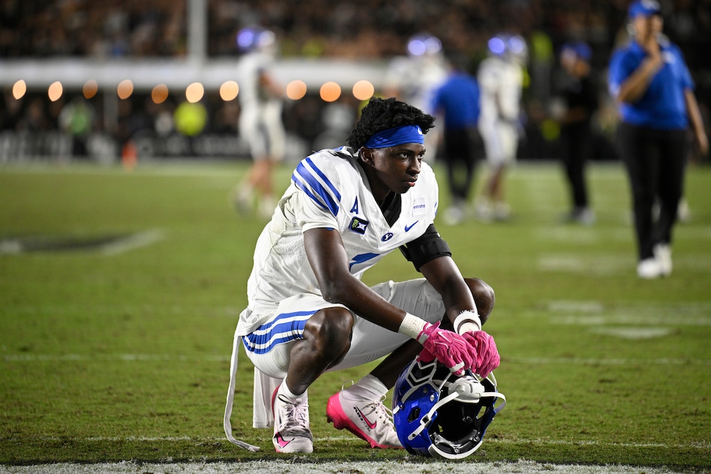 (Phelan M. Ebenhack | AP Photo) BYU cornerback Therrian Alexander reacts after Central Florida scored a two-point conversion during the second overtime period of an NCAA college football game, Saturday, Oct. 24, 2026, in Orlando, Fla.