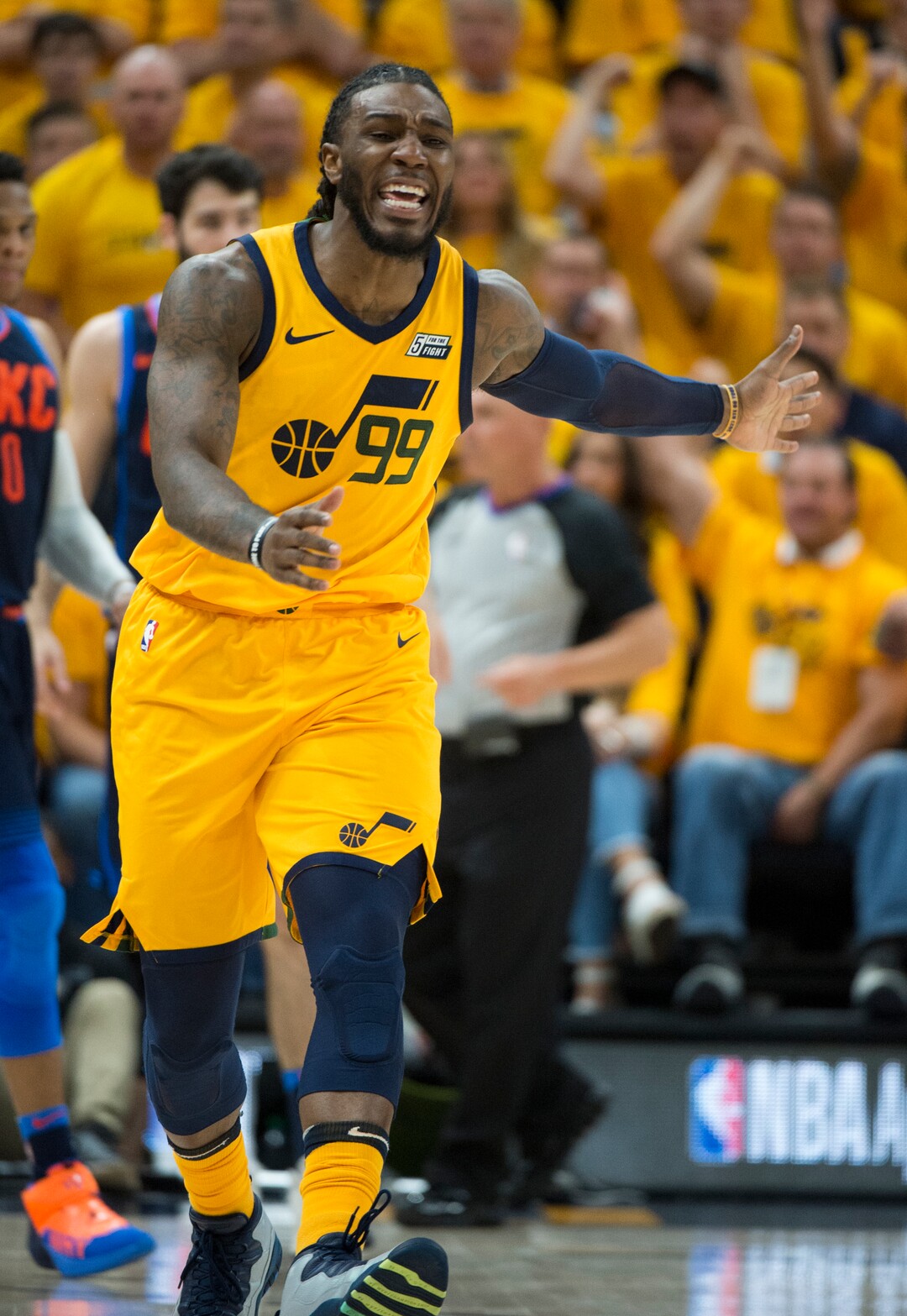 (Rick Egan  |  The Salt Lake Tribune)     Utah Jazz forward Jae Crowder (99) reacts to a call by the official, in playoff action in game 6, between Utah Jazz and Oklahoma City Thunder in Salt Lake City, Friday, April 27, 2018.