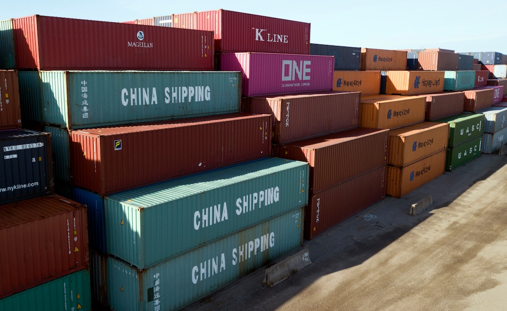 (Steve Helber | AP file photo) China Shipping Company and other containers are stacked at the Virginia International's terminal in Portsmouth, Va. A coalition of 161 manufacturers, farmers, retailers, natural gas and oil companies as well as other business groups, has signed a letter asking President Donald Trump to postpone all tariff rate increases on Chinese goods slated to take effect this year. The letter, dated Wednesday, Aug. 28, and organized by Americans for Free Trade Coalition, comes as tariff increases are set to take effect starting this Sunday, followed by further increases Oct. 1 and Dec. 15.