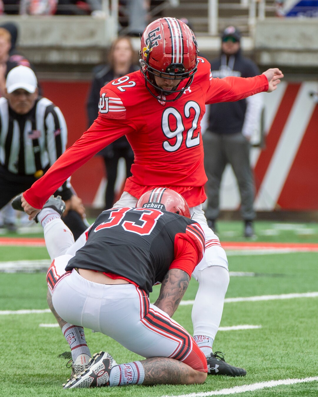 (Rick Egan  |  The Salt Lake Tribune)  Place Kicher Jadon Redding, attempts a field goal, in Utah's spring Red-White game at Rice-Eccles Stadium, Saturday, April 13, 2019.