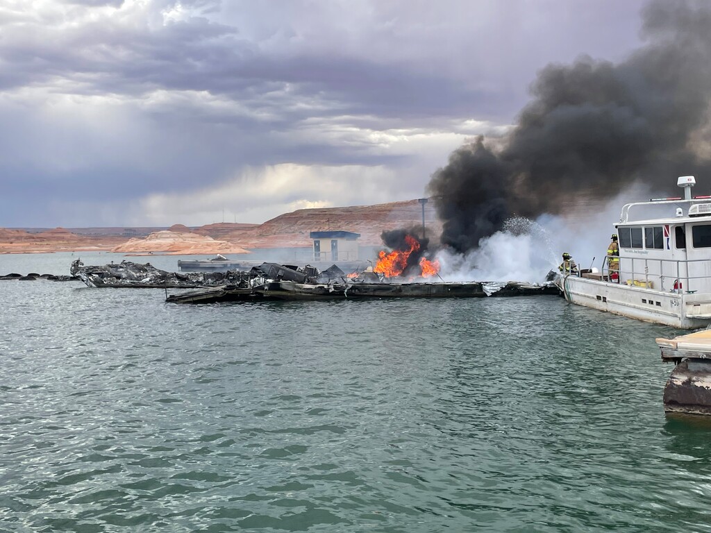 (National Park Service) A houseboat was destroyed by fire at the Wahweap Marina on Lake Powell, Friday June 2, 2023.