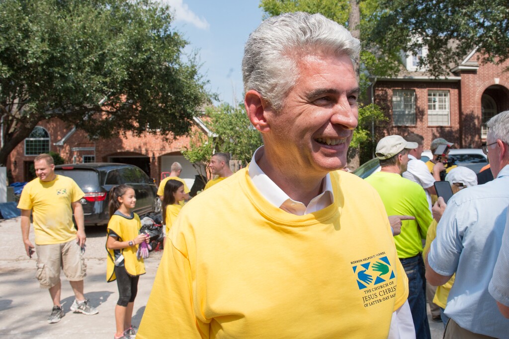 (Rachel Molenda  |  The Salt Lake Tribune) Presiding Bishop Gérald Caussé visits with Latter-day Saints in Spring, Texas, after Hurricane Harvey on Sunday, Sept. 3, 2017.