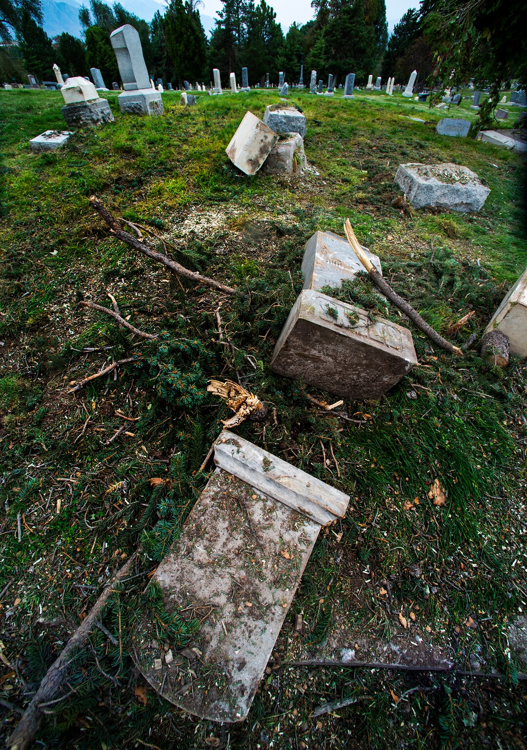 (Rick Egan  |  The Salt Lake Tribune)    Hundreds of headstones in the Salt Lake City Cemetery were damages in the recent wind storm, Friday, Sept. 18, 2020.