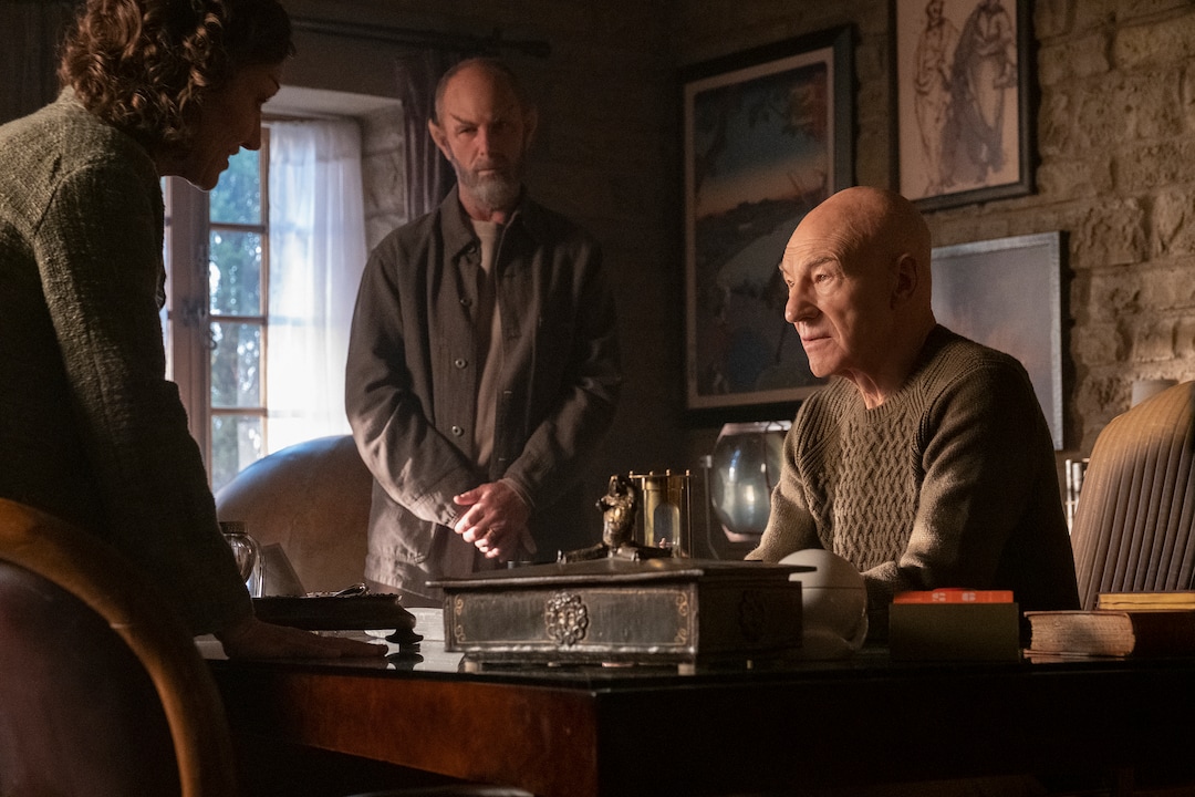 (Courtesy of Trae Patton/CBS) : Orla Brady as Laris, Jamie McShane as Zhaban and Sir Patrick Stewart as Jean-Luc Picard in “Star Trek: Picard.”