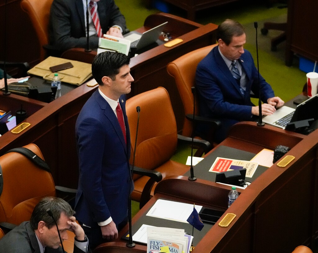 (Bethany Baker  |  The Salt Lake Tribune) Rep. Jason Kyle stands as the Utah House of Representatives considers an amendment to a resolution to show support for Israel during an Extraordinary Session at the Utah Capitol in Salt Lake City on Wednesday, Nov. 15, 2023. Kyle is proposing two pieces of legislation to make it more difficult to pass citizen-led ballot measures that increase taxes.