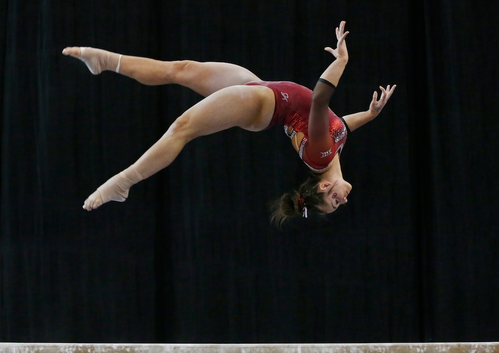 Oklahoma gymnast Maggie Nichols competes on the balance beam in the Perfect 10 Challenge at the Bart and Nadia Sports Experience in Oklahoma City, Saturday, Feb. 16, 2019. Nichols is a superstar athlete for gymnastics power Oklahoma with four NCAA titles in hand, including the all-around title last year. Nichols is a superstar athlete for gymnastics power Oklahoma with four NCAA titles in hand, including the all-around title last year. (AP Photo/Sue Ogrocki)