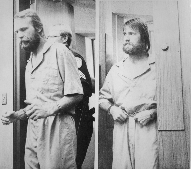 (Merilyn Newton AP, Reno Gazette-Journal 1984.) Ron Lafferty, left, and his brother, Dan, were shackled in 1984 as they appeared in Washoe District Court for an extradition hearing in Reno, Nev. The brothers were accused and later convicted in the murders of their sister-in-law and her toddler.