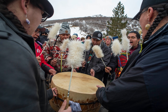 (Rick Egan  |  The Salt Lake Tribune)      Red Spirit from Fort Duchesne perform at the Sundance bonfire, during a community gathering on Swede Alley, in Park City, Thursday, Jan. 30, 2020.