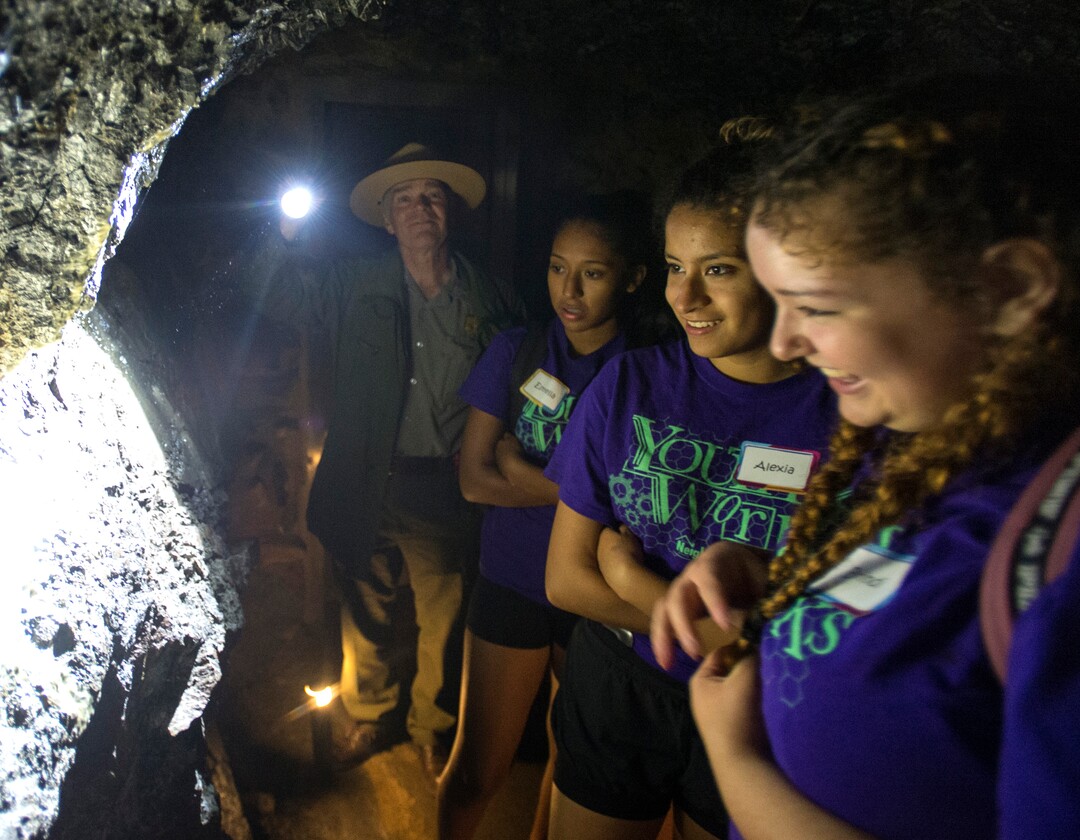 (Rick Egan  |  The Salt Lake Tribune)  Ranger Royce Shelley points out some interesting formations to YouthWorks participants on the tour of Timpanogos Cave, Thursday, Aug. 3, 2017.