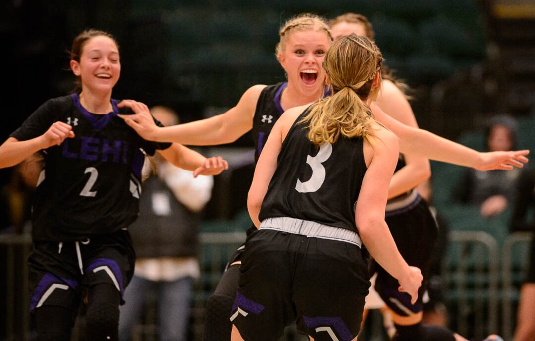 (Trent Nelson | The Salt Lake Tribune)  Lehi vs. Desert Hills, 4A State high school basketball tournament at Utah Valley University in Orem, Thursday March 1, 2018. Lehi's Mikayla Mineer (44) runs to embrace Lehi's Alli Butterfield (3) as the team comes from behind to tie the score going into halftime.