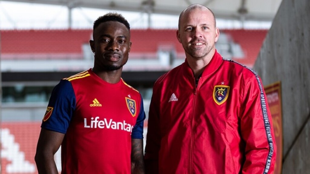 (courtesy of Real Salt Lake) RSL announces the signing of Liberian forward Sam Johnson, shown here with general manager Craig Waibel.