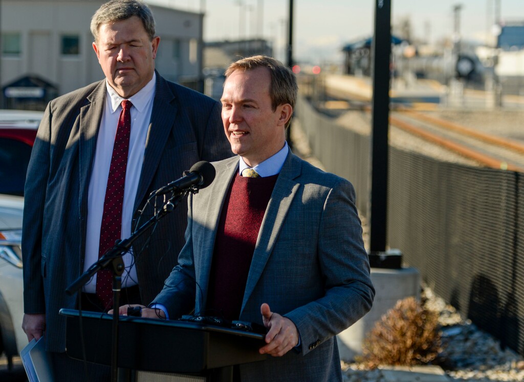 (Leah Hogsten  | Tribune file photo)  Rep. Ben McAdams, shown here talking about efforts to get federal money for FrontRunner, once again opposes the Olympia Hill development, planned near Herriman.