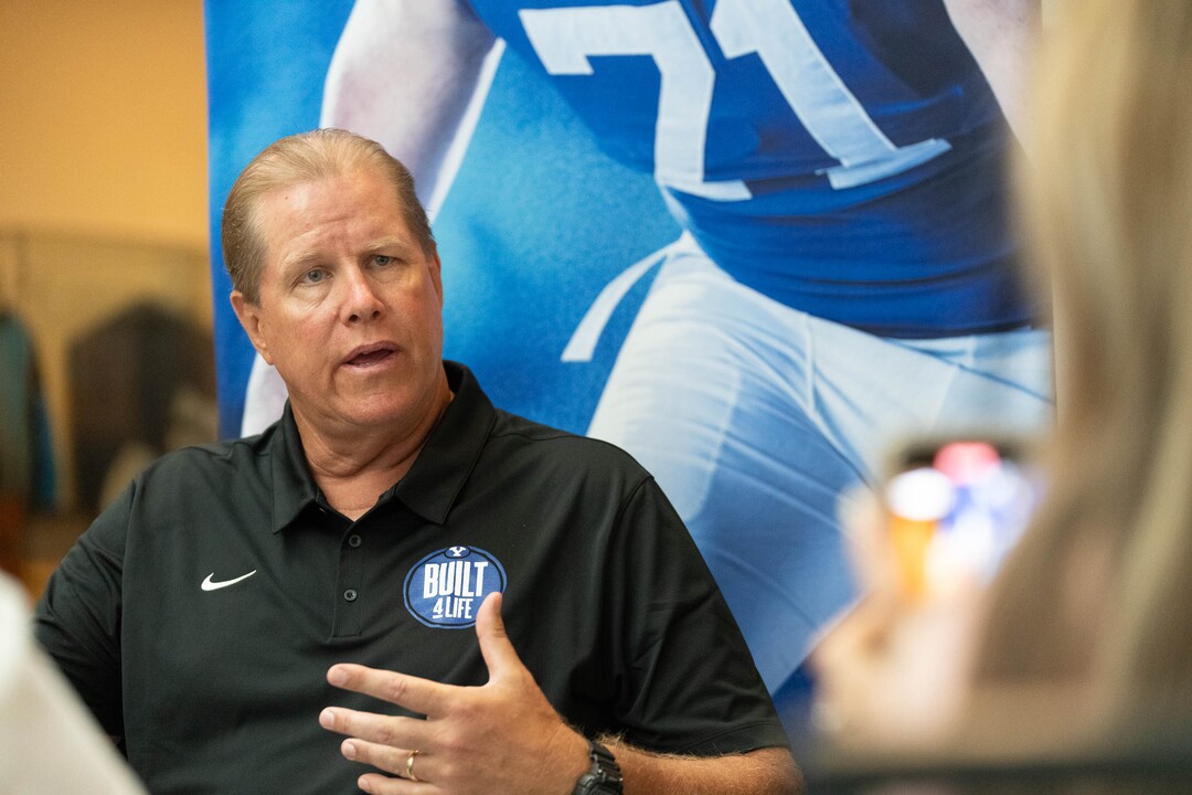 (Francisco Kjolseth | The Salt Lake Tribune) Offensive lineman coach Darrell Funk joins coaches, players and staff participating in BYU football media day in the BYU Broadcasting Building in Provo on Thursday, June 17, 2021.