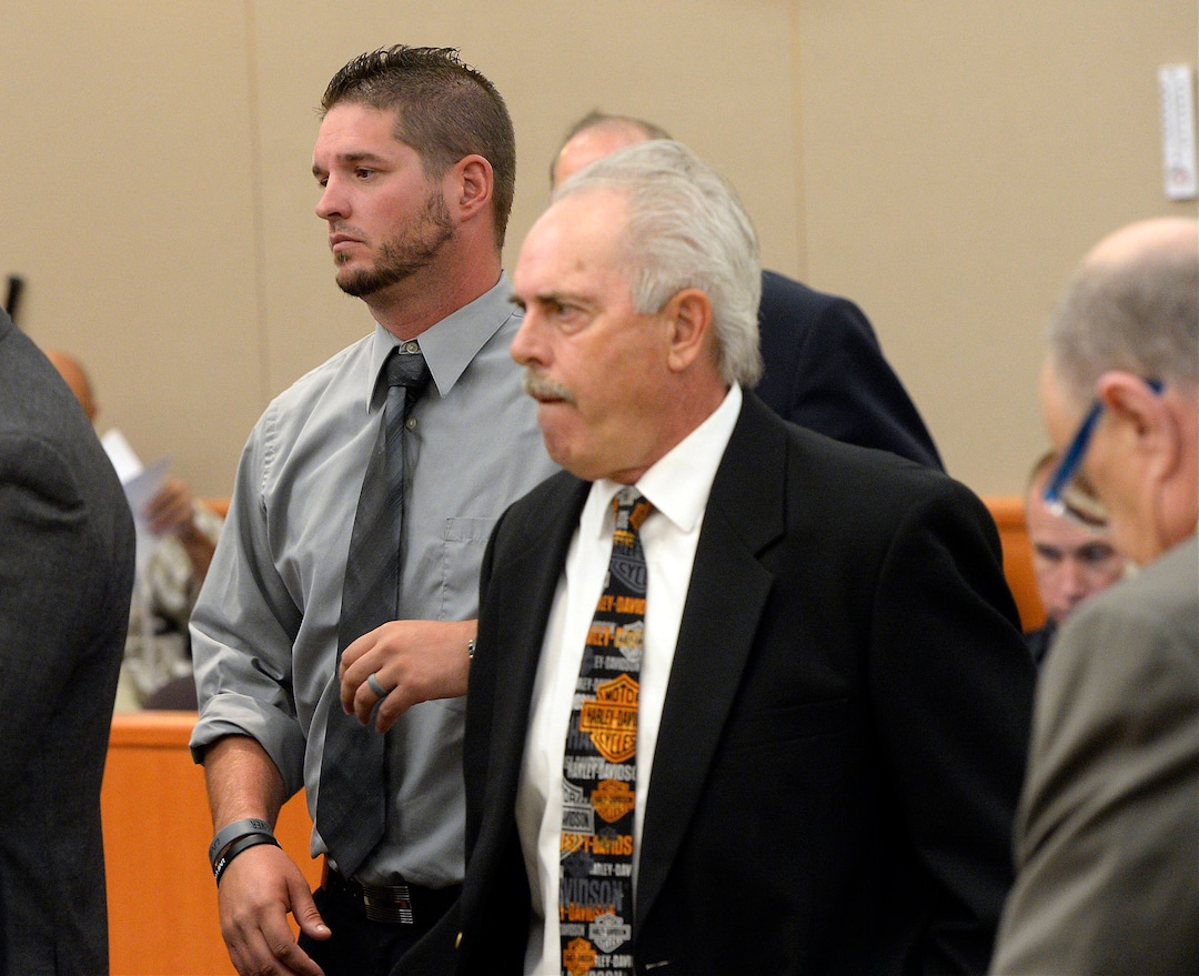 (Al Hartmann  |  Tribune file photo) Former jail commander Lt. Benjamin Lail, left, and former Daggett County Sheriff Jerry Jorgensen appear in Third District Court in Park City on July 17, 2017 before Judge Kent Holmberg on charges connected to the abuse of jail inmates at the Daggett County jail.