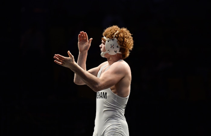 (Francisco Kjolseth  |  The Salt Lake Tribune)  Cole Moody celebrates his quick win in the Class 6A 182 weight class state wrestling championship match at the Utah Valley University UCCU Center on Thursday, Feb. 8, 2018.