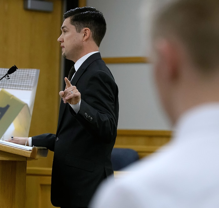 (Eli Lucero  |  Pool Photo)  Prosecuting attorney Spencer Walsh speaks during Jayzon Decker's sentencing hearing for attempted aggravated murder and obstructing justice, Wednesday, Feb. 7, 2018, in Logan, Utah. Decker received a sentence of 15 years to life for planning and being present at the shooting of Deserae Turner in February 2017, and leaving her for dead in a dry irrigation canal in Smithfield, Utah.