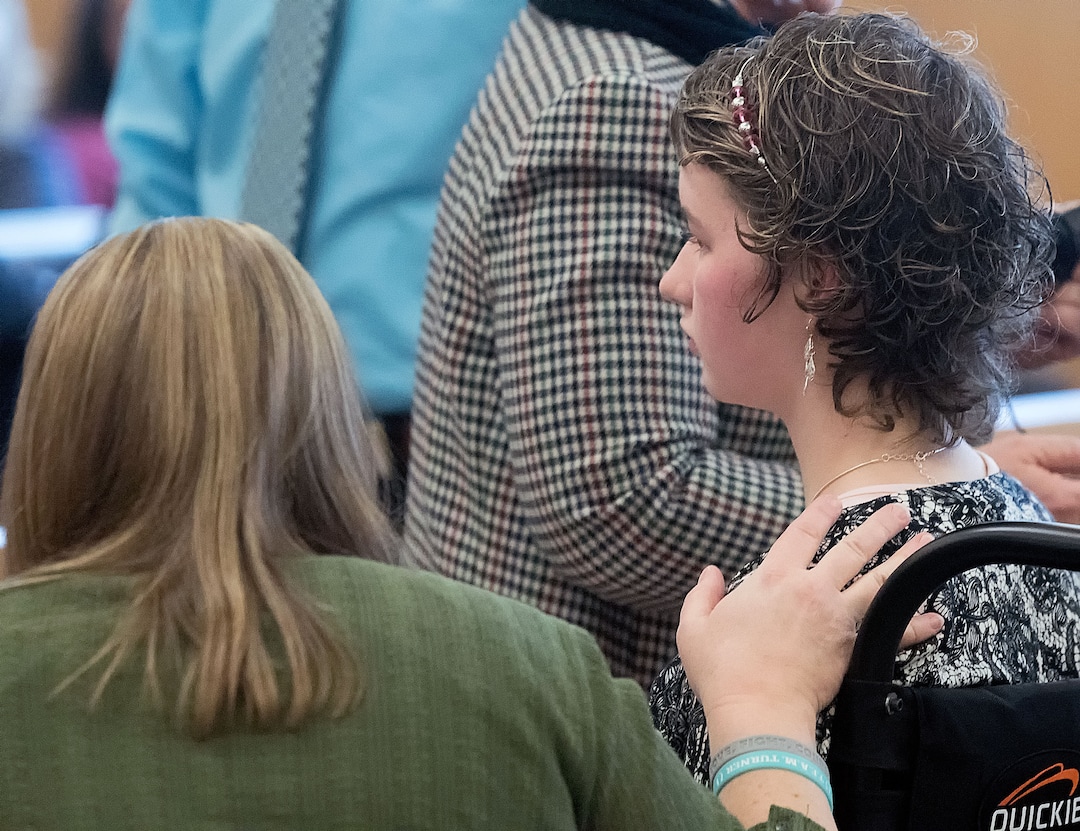 (Eli Lucero  |  Herald Journal, pool) Deserae Turner speaks to Colter Peterson during his sentencing hearing for attempted aggravated murder and robbery, Thursday, Feb. 1, 2018, in Logan, Utah. Peterson received a sentence of 15 years to life for shooting Deserae Turner in February 2017, and leaving her for dead in a dry irrigation canal in Smithfield, Utah.