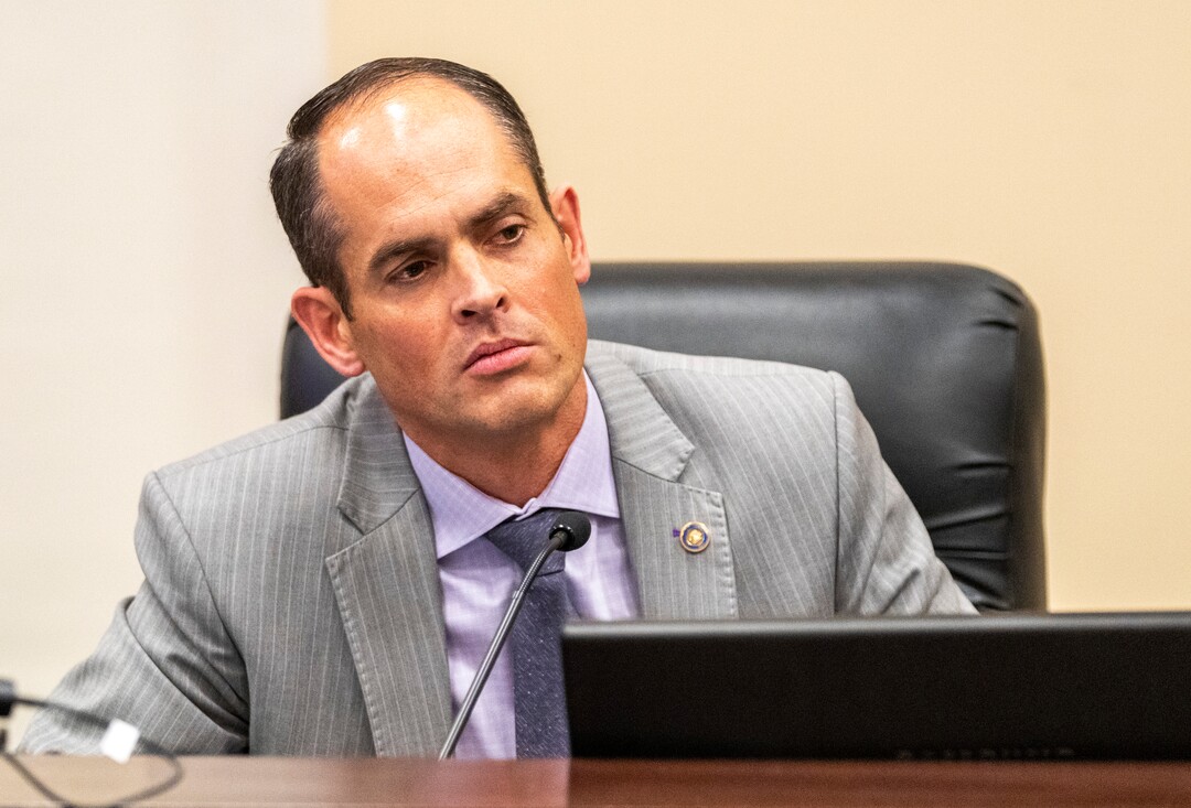 (Rick Egan | The Salt Lake Tribune) Sen. Mike McKell reacts as a speaker admits she has no personal experience with the issue, as she speaks in favor of SB114, during a crowded Education Committee hearing, on Thursday, Jan. 27, 2022.