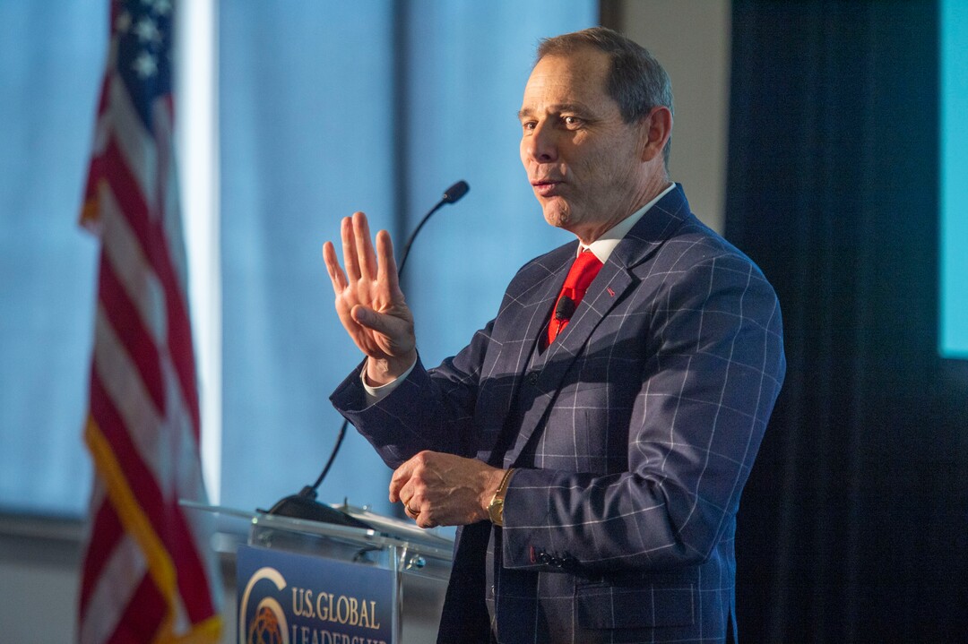 (Rick Egan  |  The Salt Lake Tribune)       Congressman John Curtis listens as Derek Miller, President and CEO of Salt Lake Chamber, makes a few comments during a forum on how American aid strengthens national security and creates opportunities for Utah businesses, sponsored by the U.S. Global Leadership Coalition, at Thanksgiving Point, Friday, April 5, 2019.