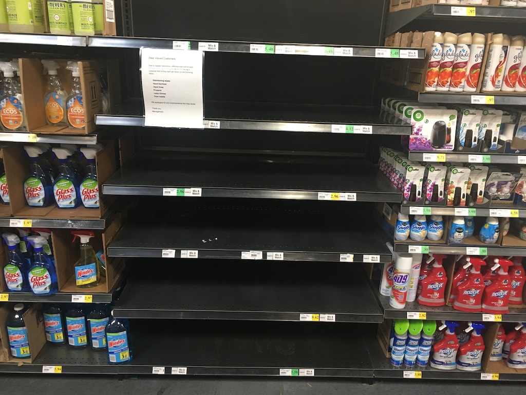 (Jeremy Harmon  |  The Salt Lake Tribune) Disinfectant products are sold out at Winco in Salt Lake City on Sunday, March 8, 2020.