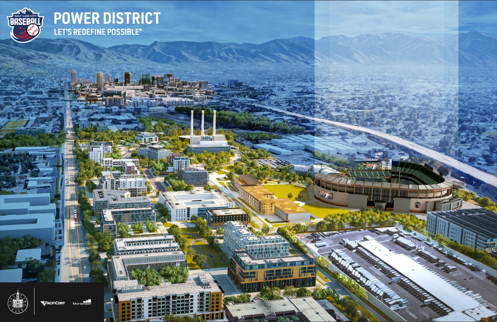 (Salt Lake City) A ballpark rendering created by Minneapolis-based construction company Mortenson that was presented to Salt Lake City officials as part of a proposal in September 2022 to build a Major League Baseball stadium within the Power District on North Temple.