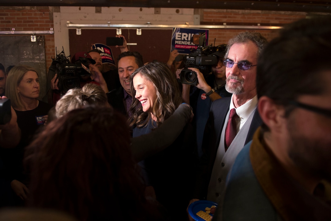 (Jeremy Harmon  |  The Salt Lake Tribune) Salt Lake City mayoral candidate Erin Mendenhall greets supporters on election night Tuesday, November 5, 2019.