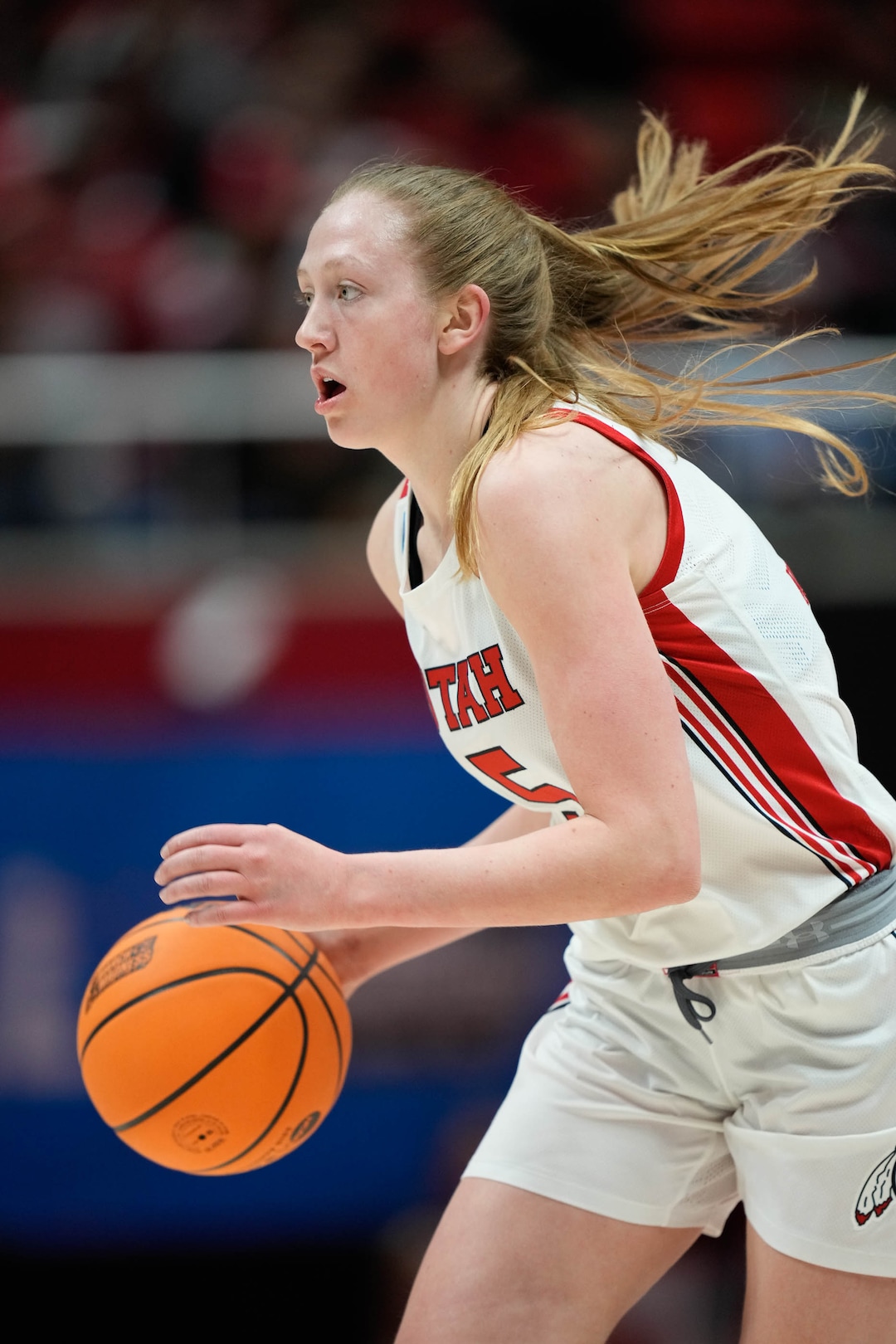 (Francisco Kjolseth | The Salt Lake Tribune) Utah Utes guard Gianna Kneepkens (5) looks for an open teammate against Gardner-Webb of a first-round college basketball game in the NCAA Tournament, Friday, March 17, 2023, in Salt Lake City, Utah.
