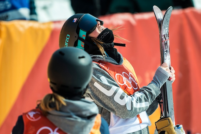 (Chris Detrick  |  The Salt Lake Tribune)  Brita Sigourney of the United States reacts after hearing her score after the Ladies' Ski Halfpipe Final Run at Phoenix Park during the Pyeongchang 2018 Winter Olympics Tuesday, Feb. 20, 2018. Sigourney finished in 3rd place with a score of 89.80.