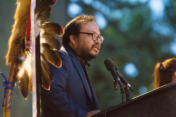 (Rick Egan  |  The Salt Lake Tribune)  Rally organizer, Moroni Benally, gives the final speech at the Charlottesville Va. solidarity rally, hosted by Utah League of Native American Voters, at the City and County Building, Monday, August 14, 2017.


