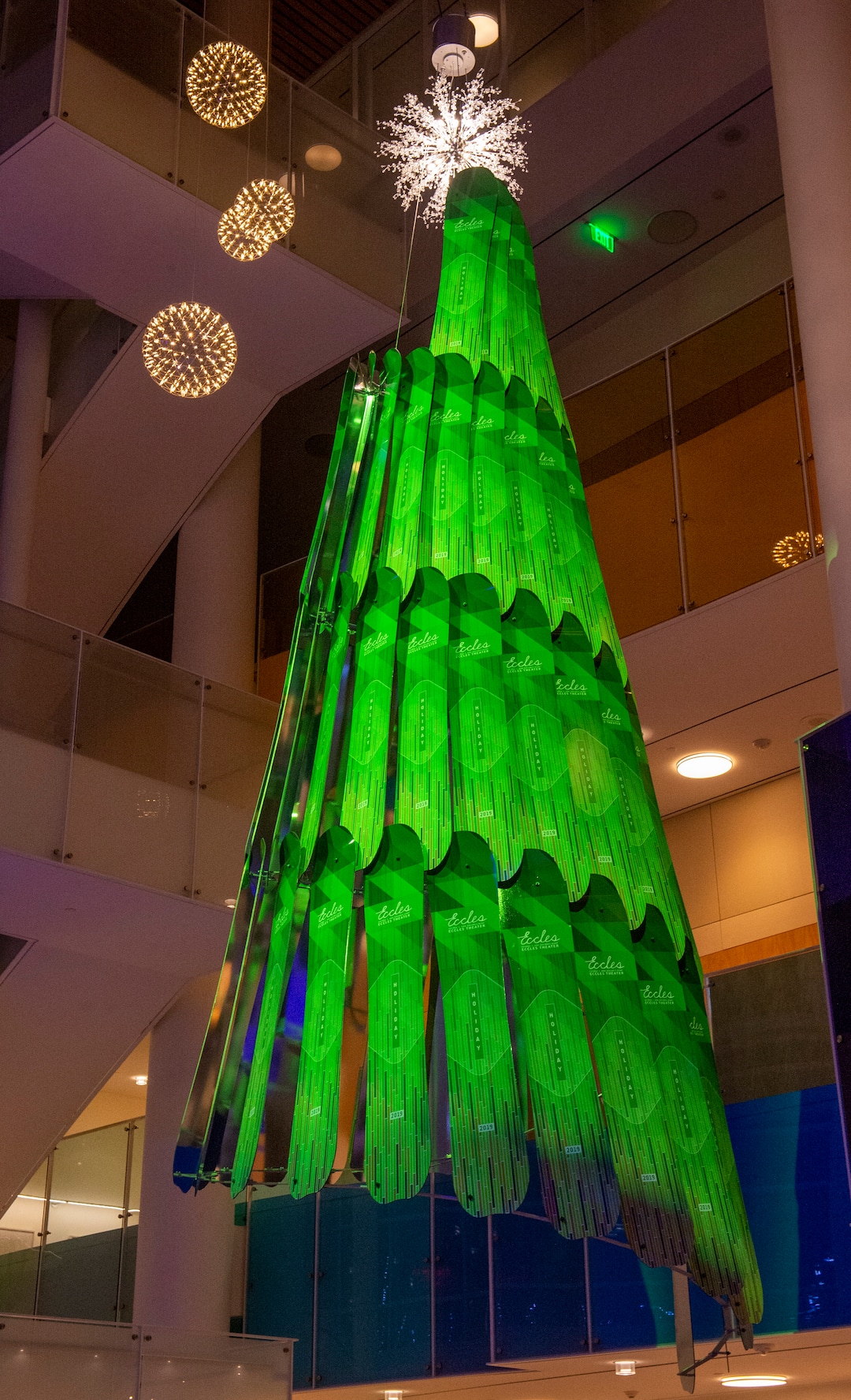 (Rick Egan  |  The Salt Lake Tribune)     Eccles Theater unveils its annual Holiday Tree art installation, Monday, Dec. 2, 2019. The title is "Winter Wind," created by Rob Beishline & Shelley Beishline of Tooza Design. The work features 75 snowboards.