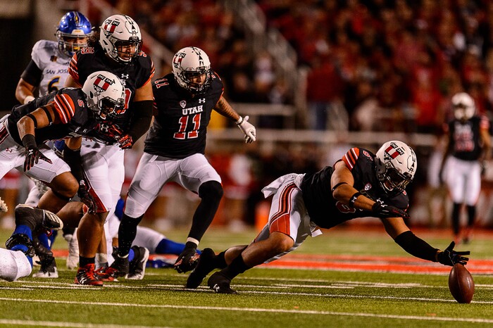 (Trent Nelson | The Salt Lake Tribune) Utah's Bradlee Anae chases down a fumble as the Utah Utes host the San Jose State Spartans, NCAA football at Rice-Eccles Stadium in Salt Lake City, Saturday September 16, 2017.