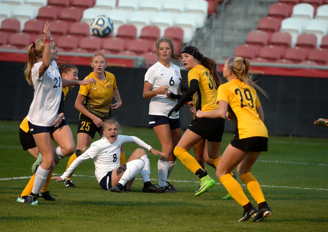 (Scott Sommerdorf   |  The Salt Lake Tribune)   A melee in front of the Timpanogos goal during first half play. Maple Mountain won the shootout period after double overtime to win the 5A championship game over Timpanogos, Friday, October 20, 2017. 