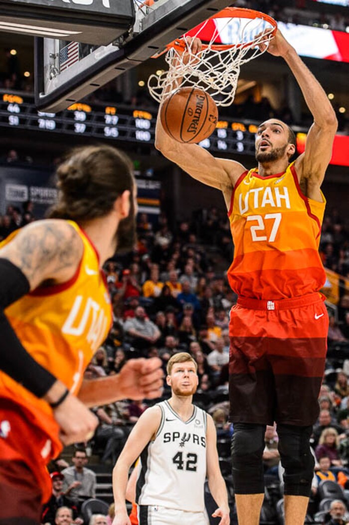 (Trent Nelson | The Salt Lake Tribune)  
Utah Jazz center Rudy Gobert (27) dunks as the Utah Jazz host the San Antonio Spurs, NBA basketball in Salt Lake City on Saturday Feb. 9, 2019.