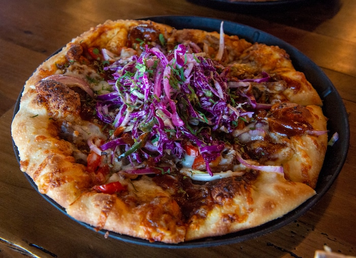 (Rick Egan  |  The Salt Lake Tribune)     The Southern Comfort Pizza, at Slackwater Pizzeria in Sandy, Thursday, March 5, 2020.