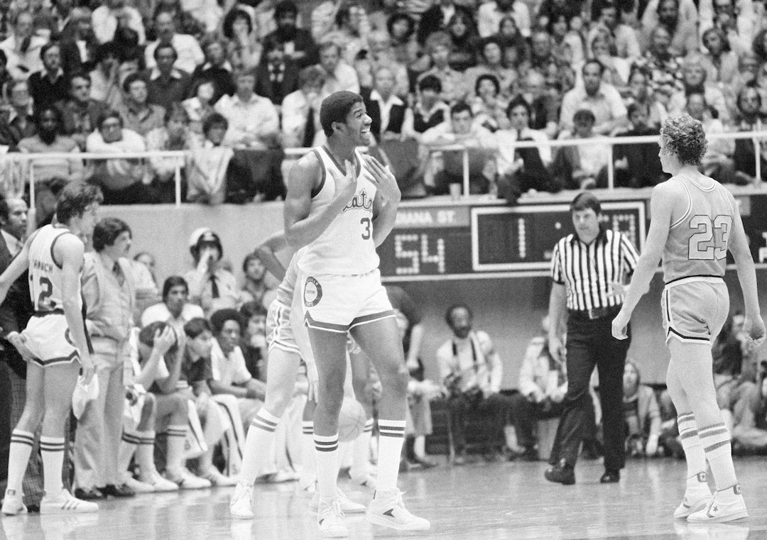 (AP Photo) Michigan State's Earvin "Magic" Johnson, who was named the NCAA tournament's most valuable player, gestures as he questions a call during game with Indiana State Monday, March 27, 1979 in Salt Lake City. Michigan State defeated Indiana State 75-64.