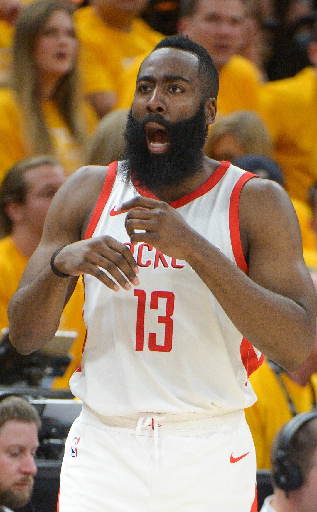 (Leah Hogsten  |  The Salt Lake Tribune) Houston Rockets guard James Harden (13) had 10 points and 8 assists in the first half as the Utah Jazz take on the Houston Rockets in Game 3 of an NBA basketball second-round playoff series Friday, May 4, 2018 in Salt Lake City.