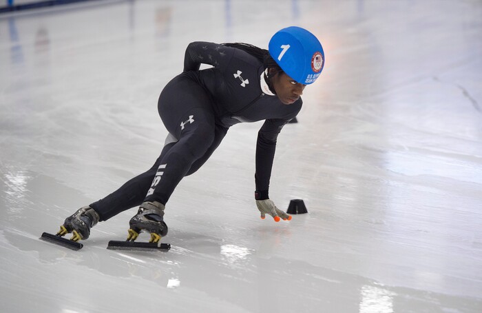 (Scott Sommerdorf   |  The Salt Lake Tribune)   
Maame Biney cruises during a women's 1000 meter final during day 3 of the U.S. short-track Olympic Team Trials at the Utah Olympic Oval, Sunday, December 17, 2017. Biney made the Olympic team.
