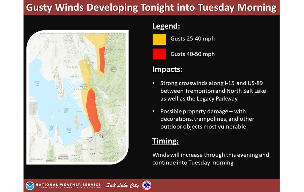 (National Weather Service) Strong wind gusts could impact the Wasatch Front Monday night.