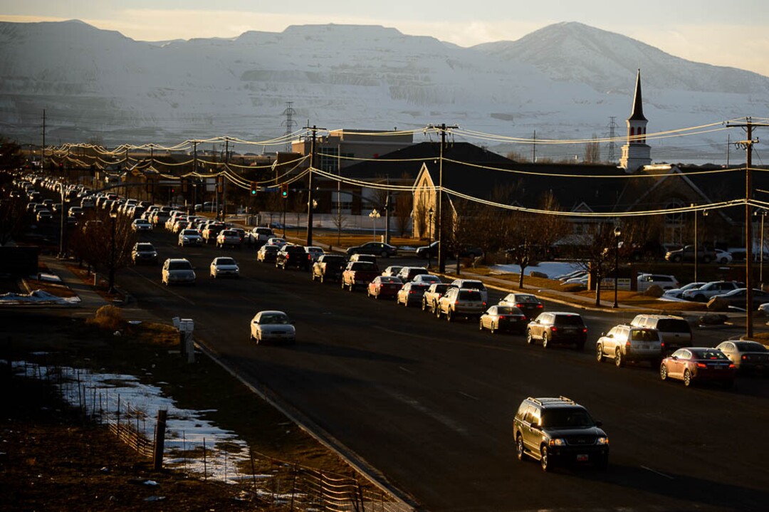 (Trent Nelson | The Salt Lake Tribune)  Rush hour traffic heading west, backed up on 12600 South at Bangerter Highway in Riverton on Friday Feb. 22, 2019. Mayors in southwest Salt Lake County say that area is in a transportation crisis, as major east-west roads serving the area are overwhelmed with traffic at rush hour.