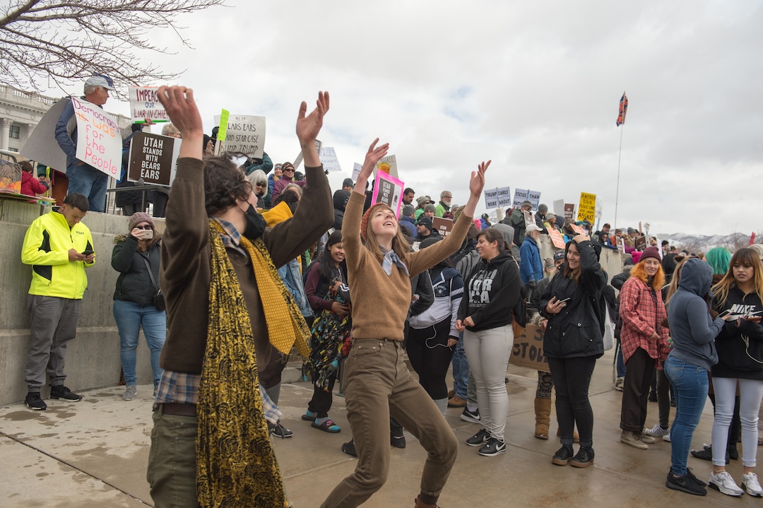 (Rachel Molenda  |  The Salt Lake Tribune)  Protesters at the Utah state capitol do a dance to "Toxic" by Britney Spears on Monday, December 4, 2017, to illustrate their feelings about President Donald Trump's plan to shrink Bears Ears and Grand Staircase national monuments.